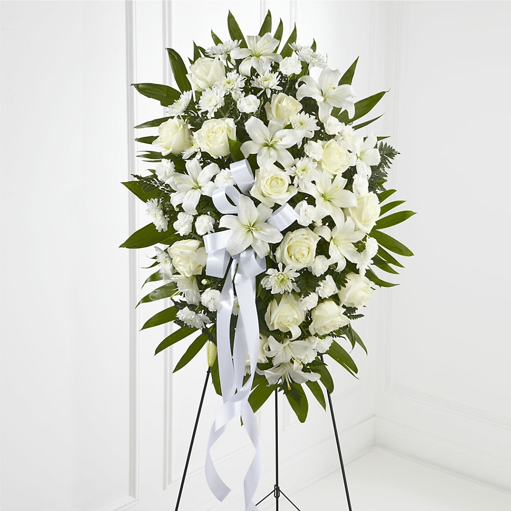 Exquisite Tribute Standing Spray-White Ribbon – Hilltop Florist Llc, Stanford KY